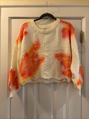Raga White Cable-Knit Sweater with Orange & Yellow Tie-Dye